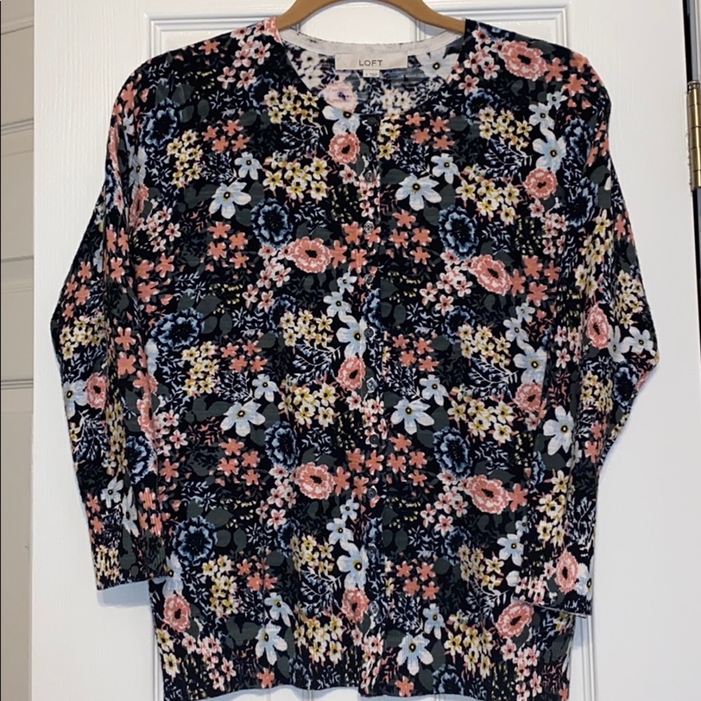 NWT Loft Multi-Color Floral Crewneck Cardigan